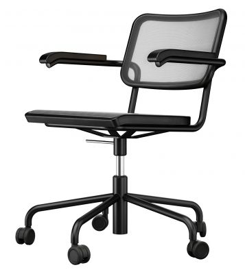Schwarzer Thonet Drehstuhl S 64 NDR Atelier mit Armlehnen und Netzrücken, Bürostuhl für ergonomisches Sitzen.